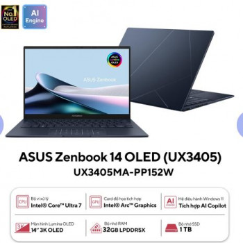 Laptop Asus Zenbook 14 OLED UX3405MA-PP152W (Intel Core Ultra 7 155H | 32GB | 1TB | Intel Arc | 14 inch 3K OLED 120 Hz | Win 11 | Xanh)