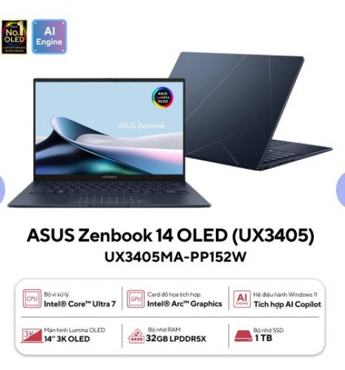 Laptop Asus Zenbook 14 OLED UX3405MA-PP152W (Intel Core Ultra 7 155H | 32GB | 1TB | Intel Arc | 14 inch 3K OLED 120 Hz | Win 11 | Xanh)