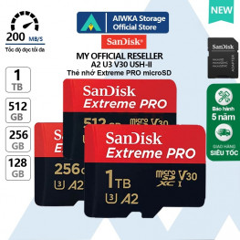 AW Thẻ nhớ SanDisk MicroSDXC 128gb Extreme Pro V30 A2 dành cho điện thoại di động/máy ảnh 200mb/s - Bảo hành 5 năm